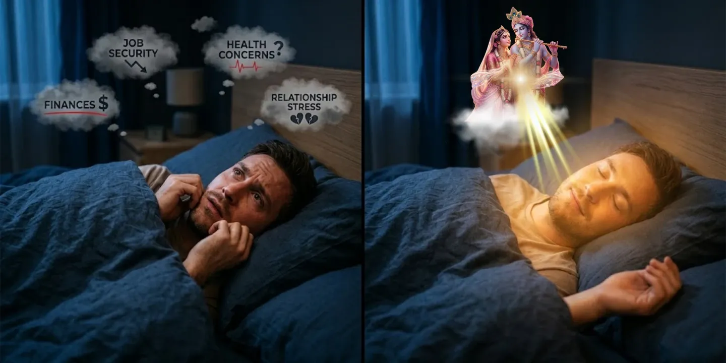 Split image: A man exhausted by worldly thoughts versus a surrendered soul