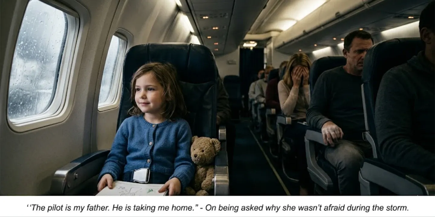 An airplane in storm with anxious passengers and a calm little girl.