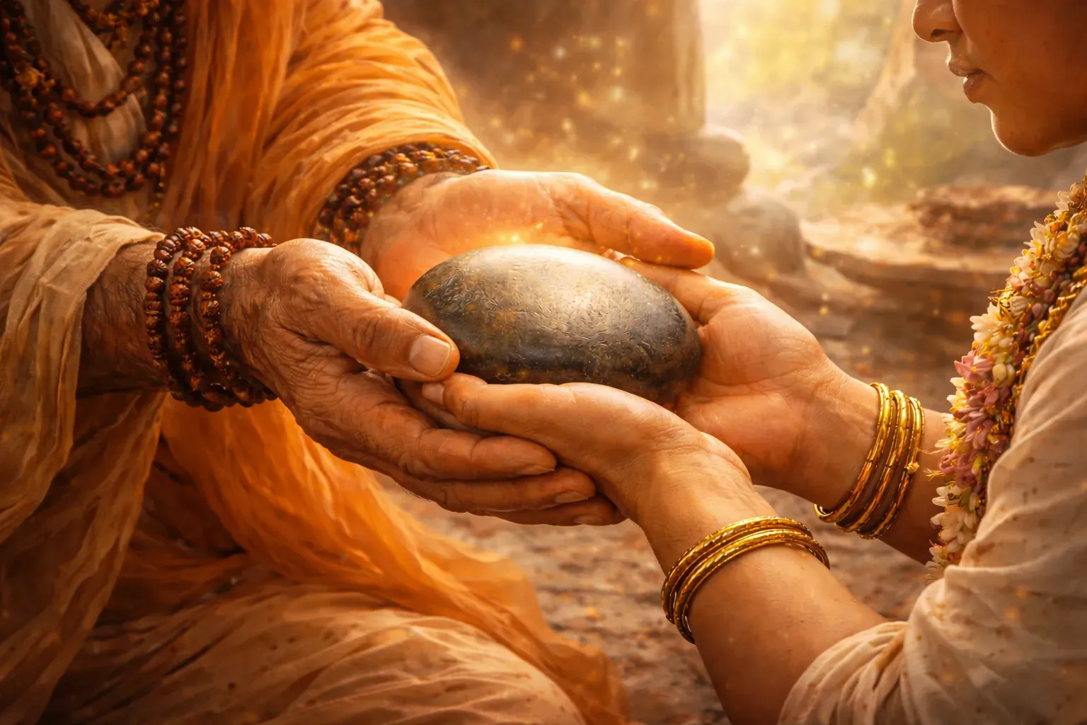  Guru placing a softly glowing stone into a disciple’s hands in a warm, spiritual setting.