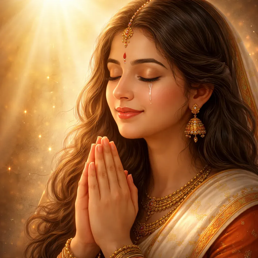 Close-up of a serene devotee with folded hands and a tear of joy in warm golden light.
