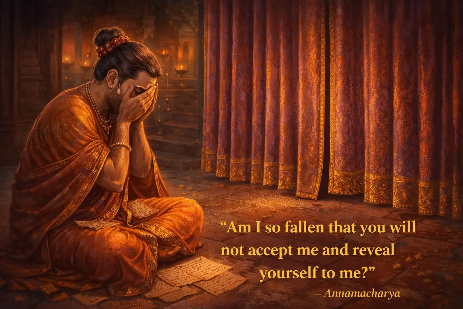  Annamacharya crying before closed temple curtain in deep devotion