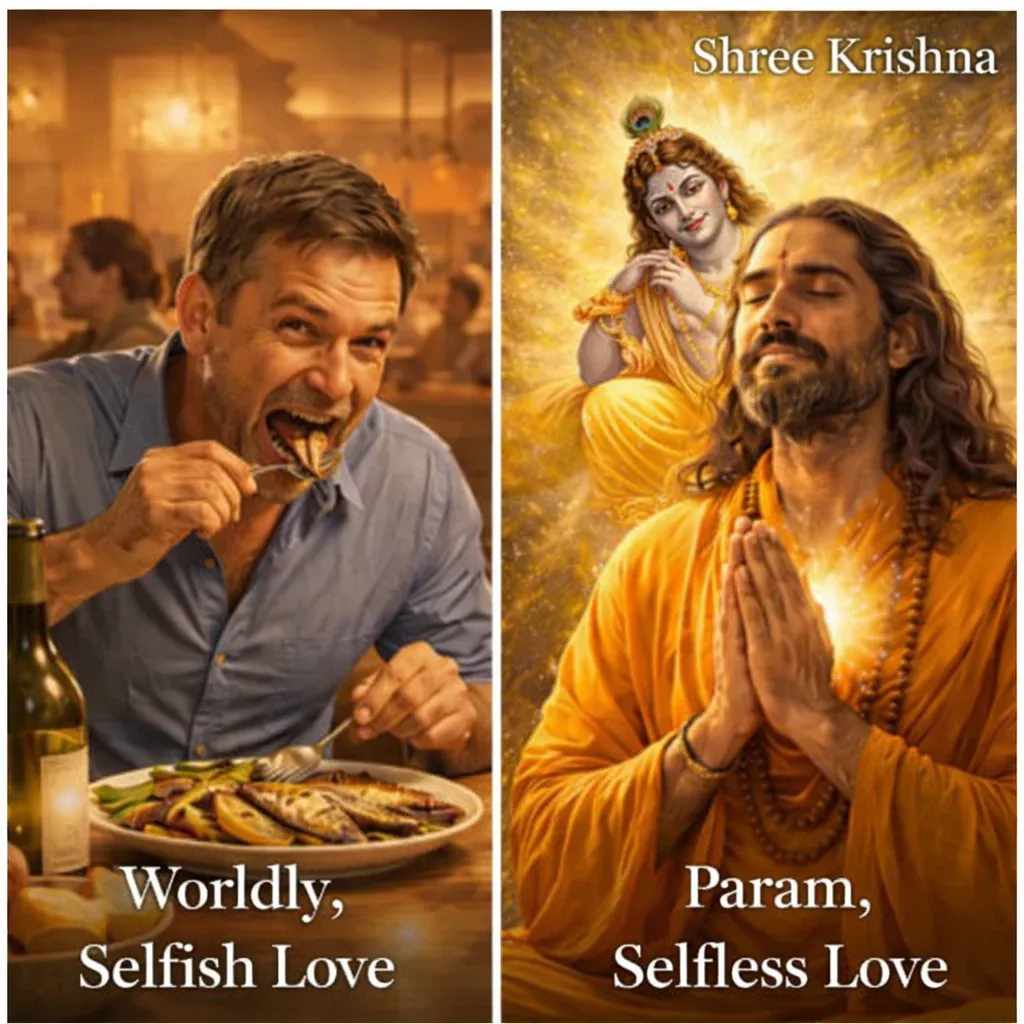  Split image showing selfish worldly love versus peaceful selfless devotional love
