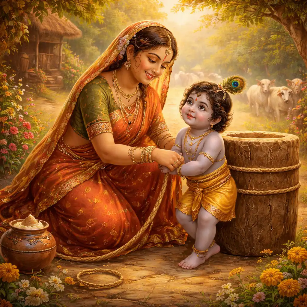  Mother Yashoda lovingly tying child Krishna to a mortar wheel