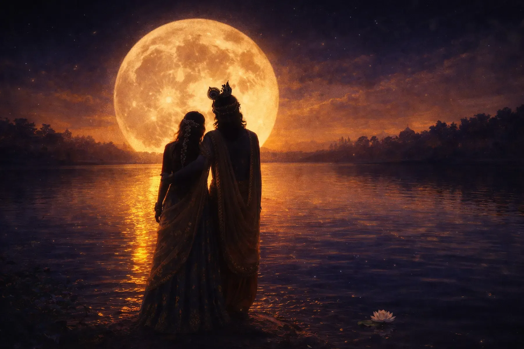 Radha and Krishna together against a full moon rising over the Yamuna river, deep indigo sky fading to amber, moonlight reflected on the water