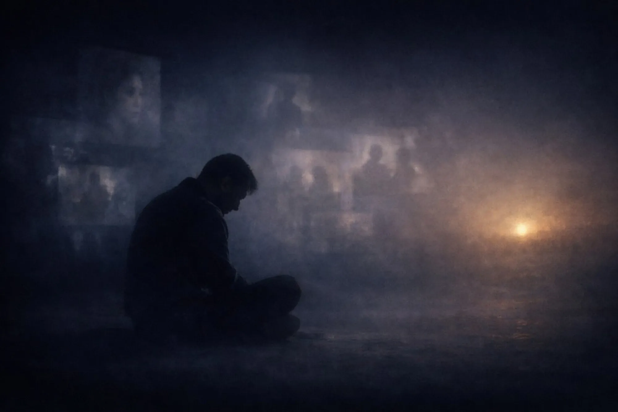 Person sitting in darkness surrounded by fading memory-like projections symbolizing mental replay