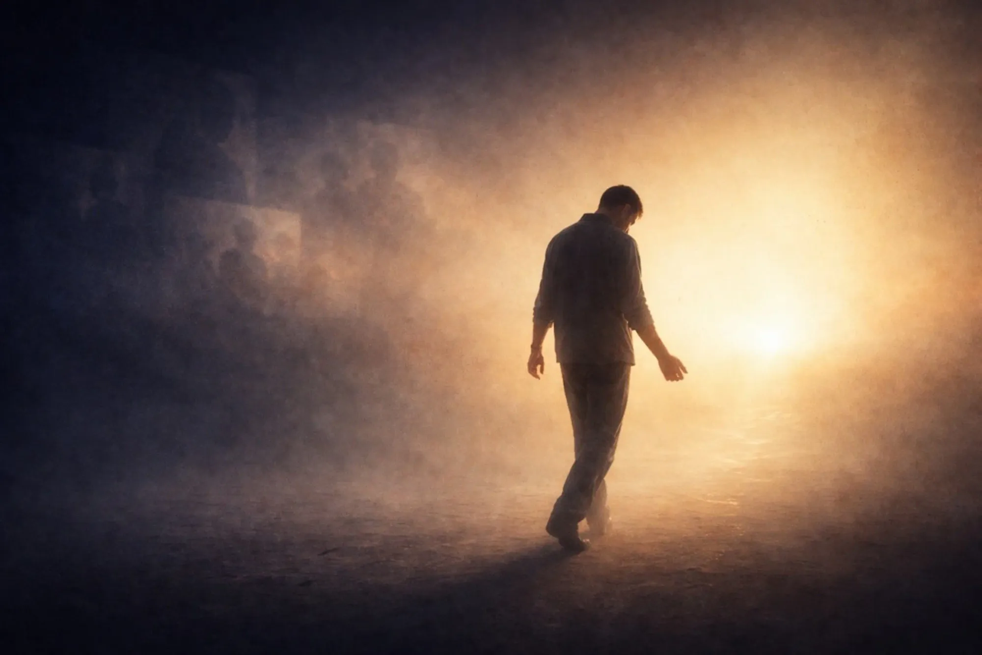 Devotee stepping from darkness into light symbolizing surrender and inner transformation