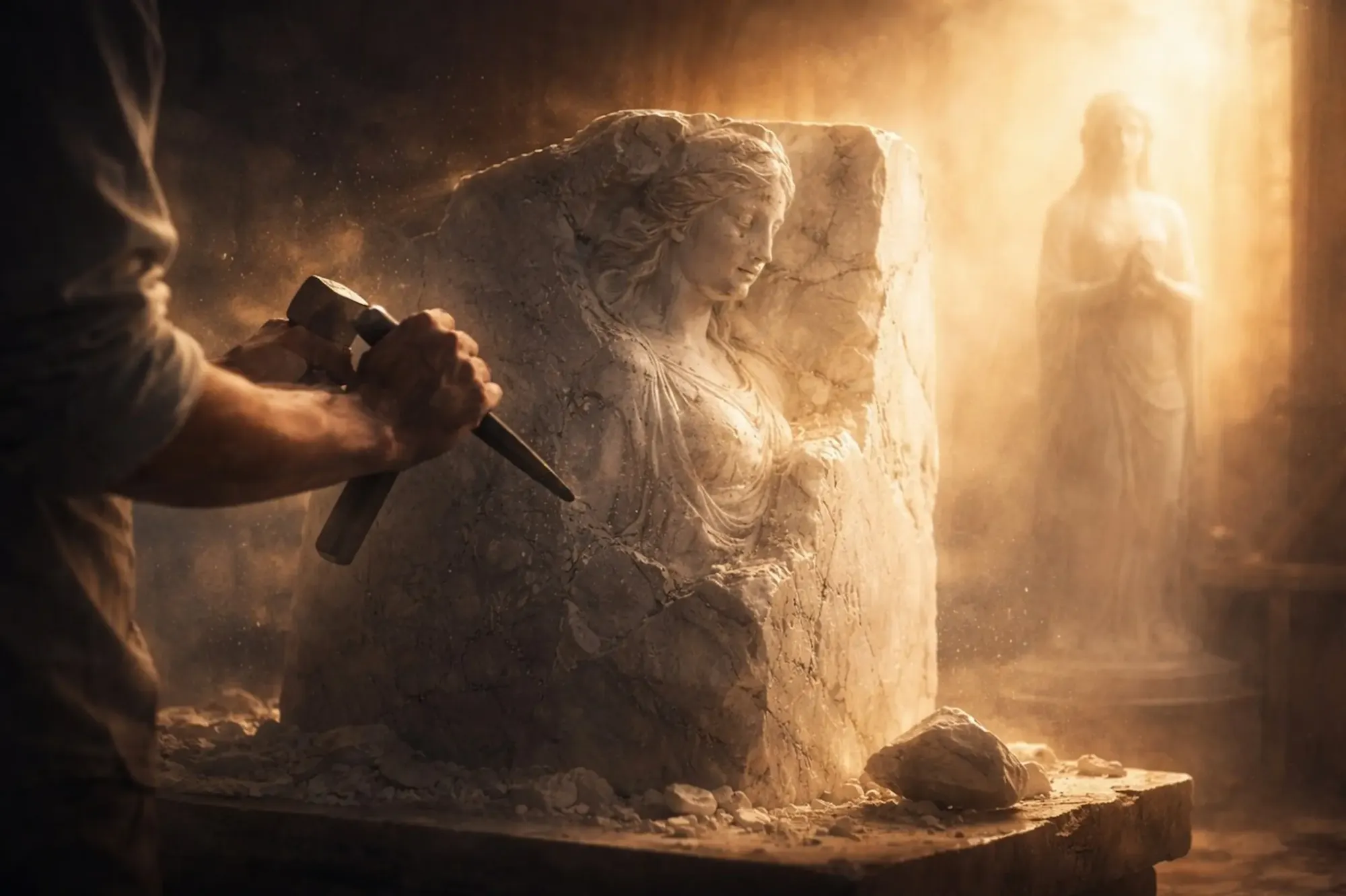 Sculptor shaping marble into statue symbolizing transformation through hardship