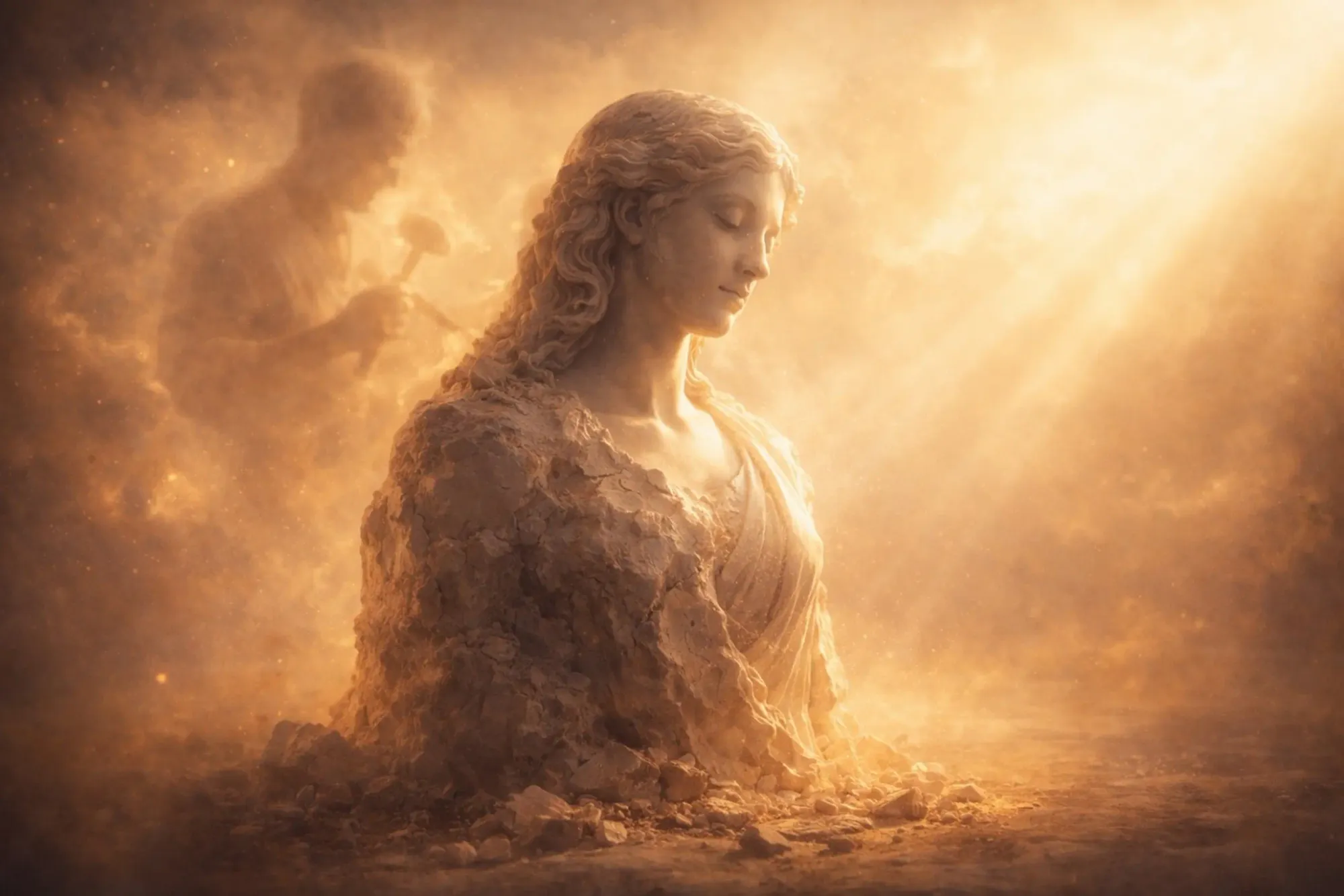 Unfinished marble statue glowing in light symbolizing ongoing spiritual growth