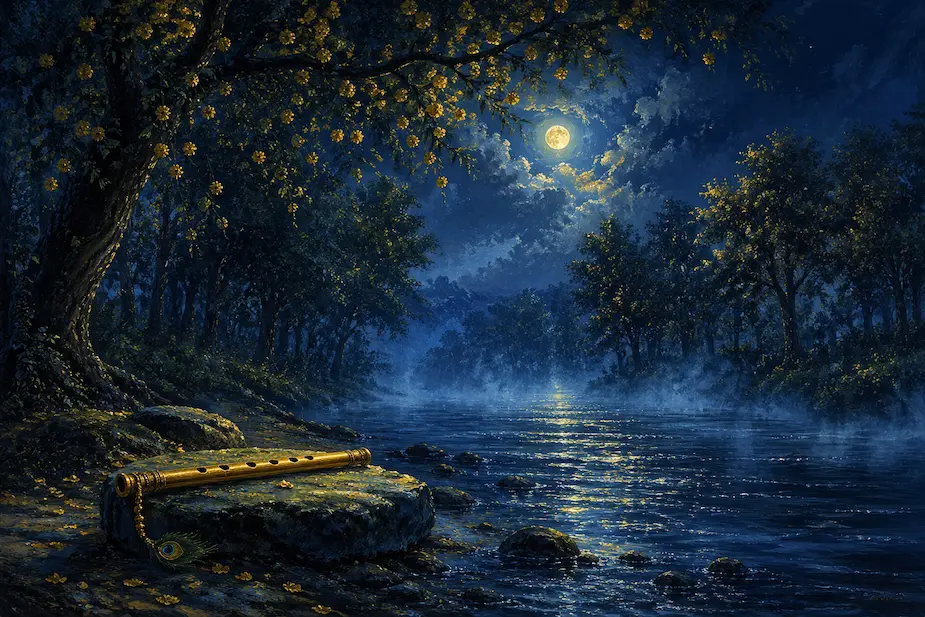 Moonlit Yamuna riverbank at midnight with a golden flute resting on a mossy stone amid Kadamba trees and rising mist
