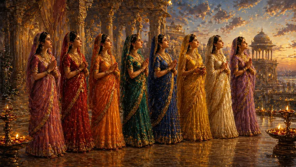Eight women in colorful silks standing devotionally in a golden palace courtyard at dusk, facing the same direction