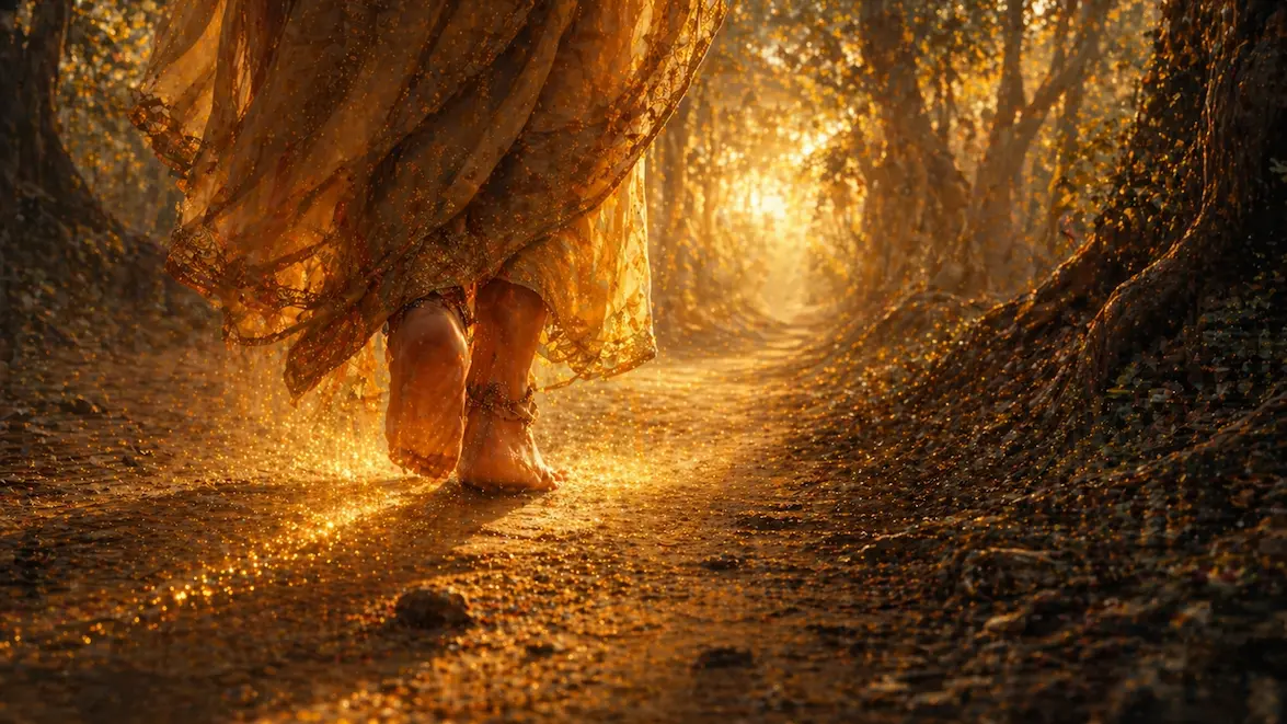 Bare feet walking a glowing dusty forest path at dawn, golden light filtering through ancient trees