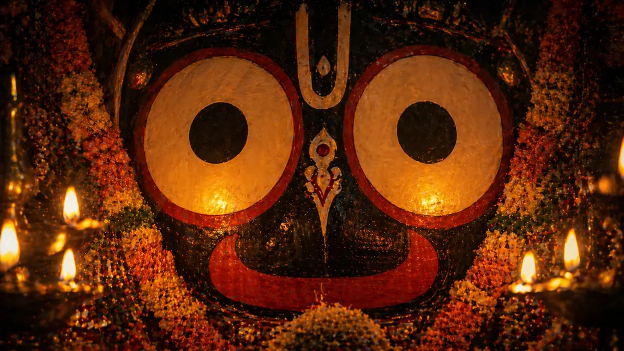 Close-up of Jagannath's wide carved eyes surrounded by marigolds and lamp flames against a warm dark background