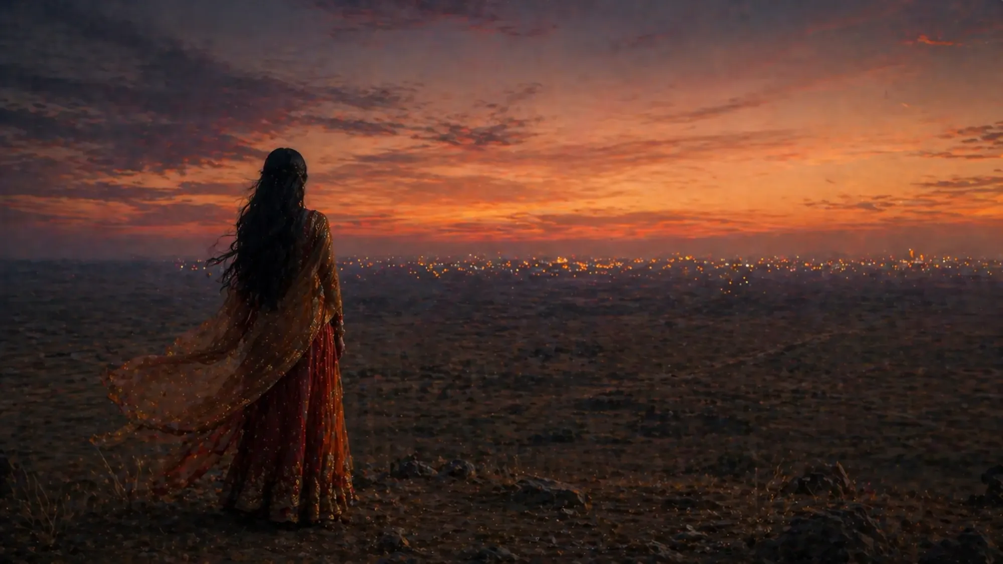 A lone woman in traditional garments standing at the edge of a plain at twilight, facing distant city lights she has chosen not to approach