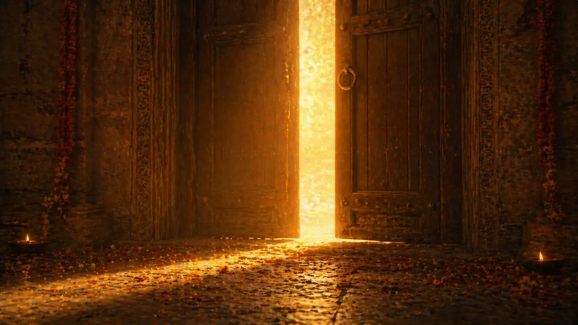 An ancient wooden door standing slightly ajar, golden light pouring through the gap onto a stone floor scattered with marigold petals