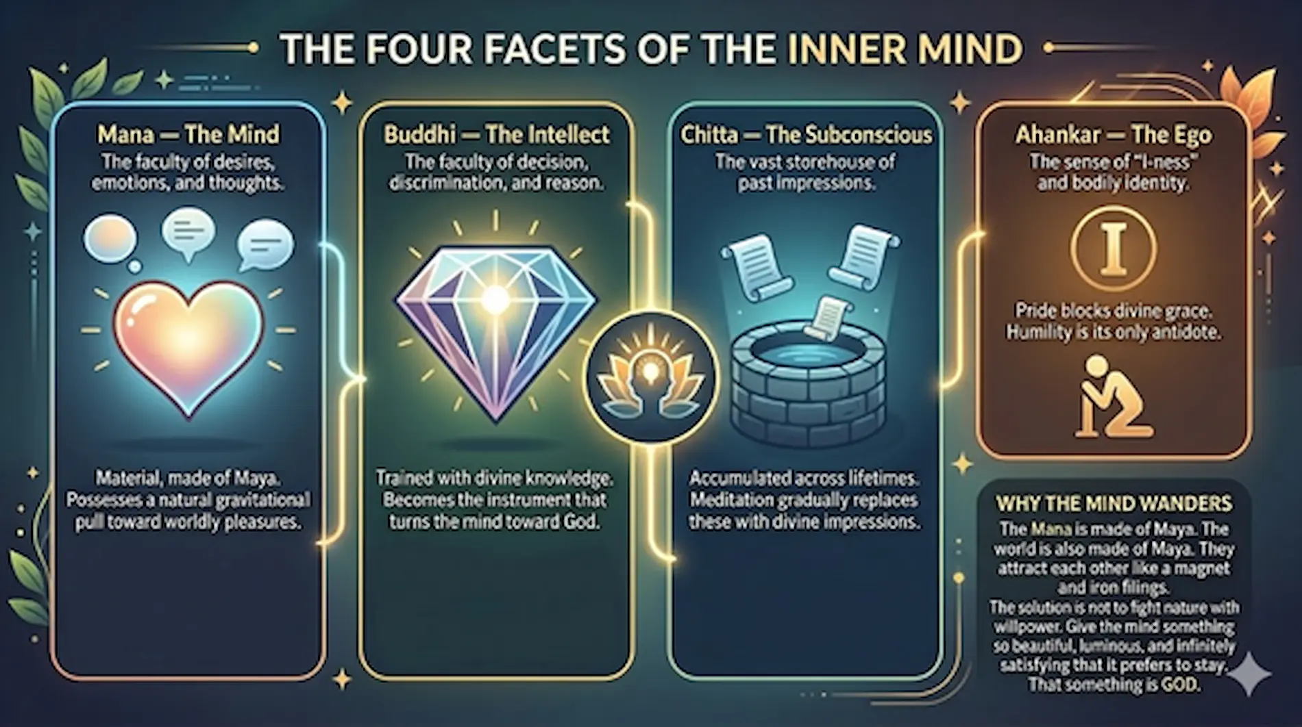 Four aspects of the mind: mana, buddhi, chitta, and ahankar with explanations.