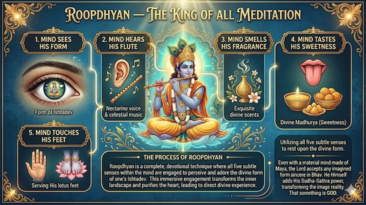 Roopdhyan meditation using five senses: seeing, hearing, smelling, tasting, and touching.