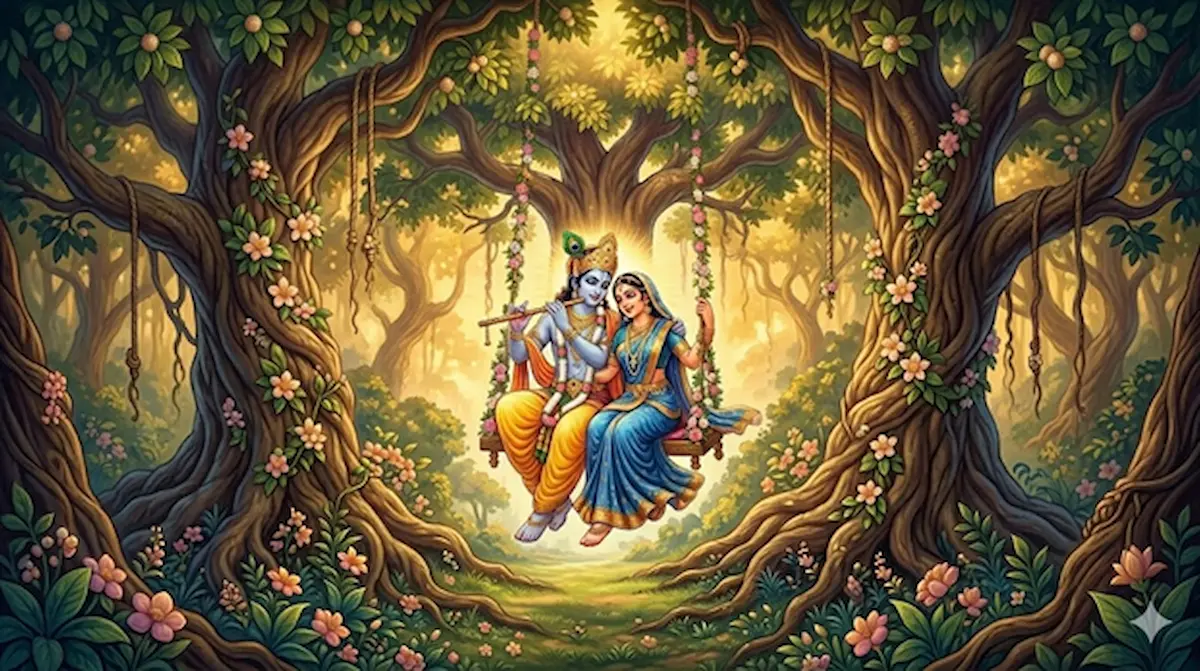 Radha and Krishna sitting on a swing in a lush Vrindavan forest surrounded by trees and flowers.