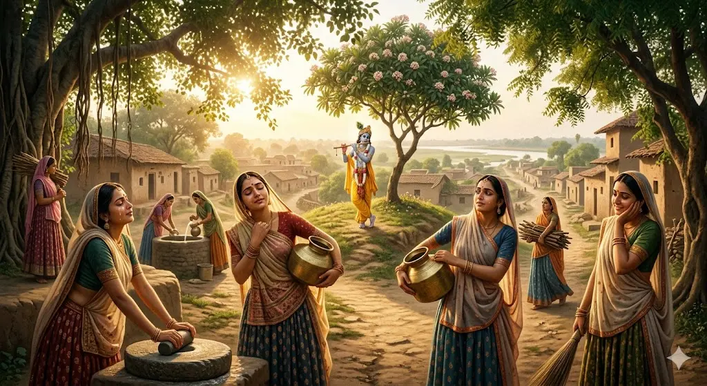 Gopis doing daily work while emotionally absorbed in Krishna playing the flute in Vrindavan.