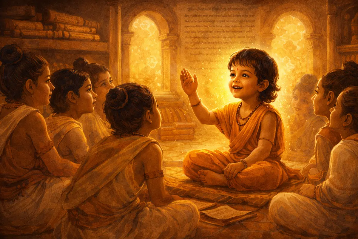 Young Prahlada glowing with devotion as he speaks to fellow students in an ancient Indian gurukul, illustrating his role as a child-guru.