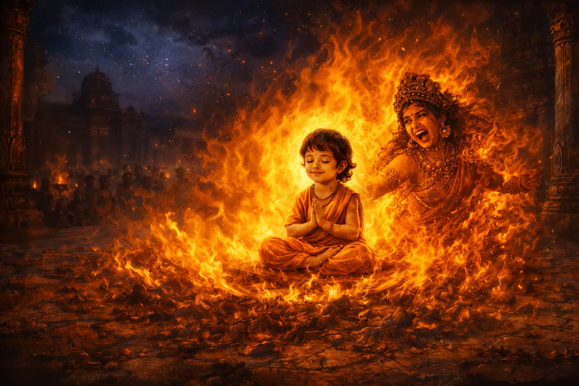  Young Prahlada seated peacefully within flames during the Holika Dahan event, unharmed and serene, surrounded by golden fire.