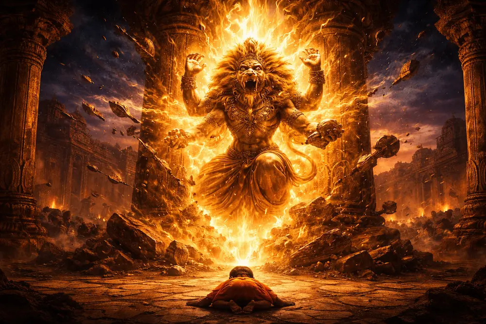 Lord Narasimha, the half-man half-lion avatar of Vishnu, emerging in blazing divine light from a stone pillar as Prahlada bows in devotion.