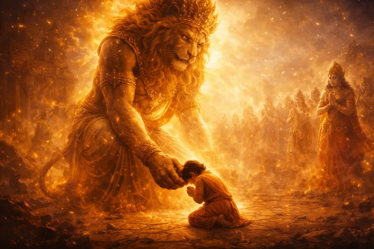 Young Prahlada prostrating at the feet of Lord Narasimha, whose fierce form softens with divine compassion as gods watch from a distance.