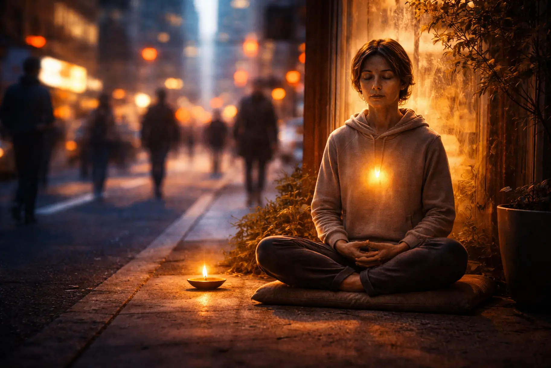 A person sits in stillness amid the blur of modern urban life, symbolising Prahlada's unshakeable devotion in the present age.