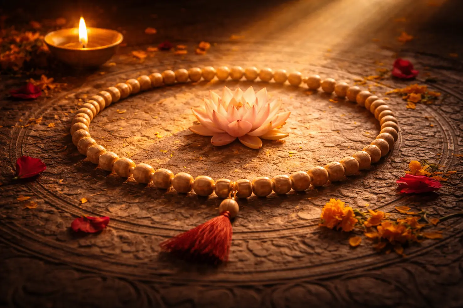 A sacred tulsi mala arranged in a circle around a blooming lotus, lit by a diya flame, symbolising the completion of a devotional garland and the continuity of bhakti.