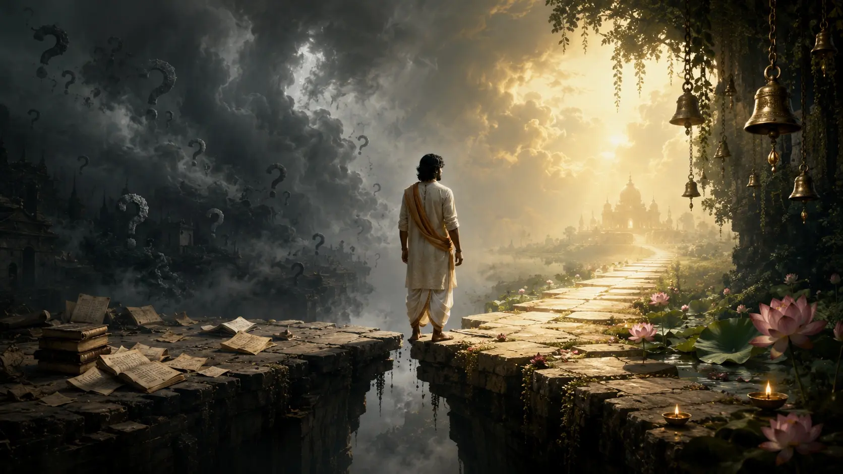 A disciple stands at the edge of a broken bridge between a dark side of doubt and a glowing path of devotion.