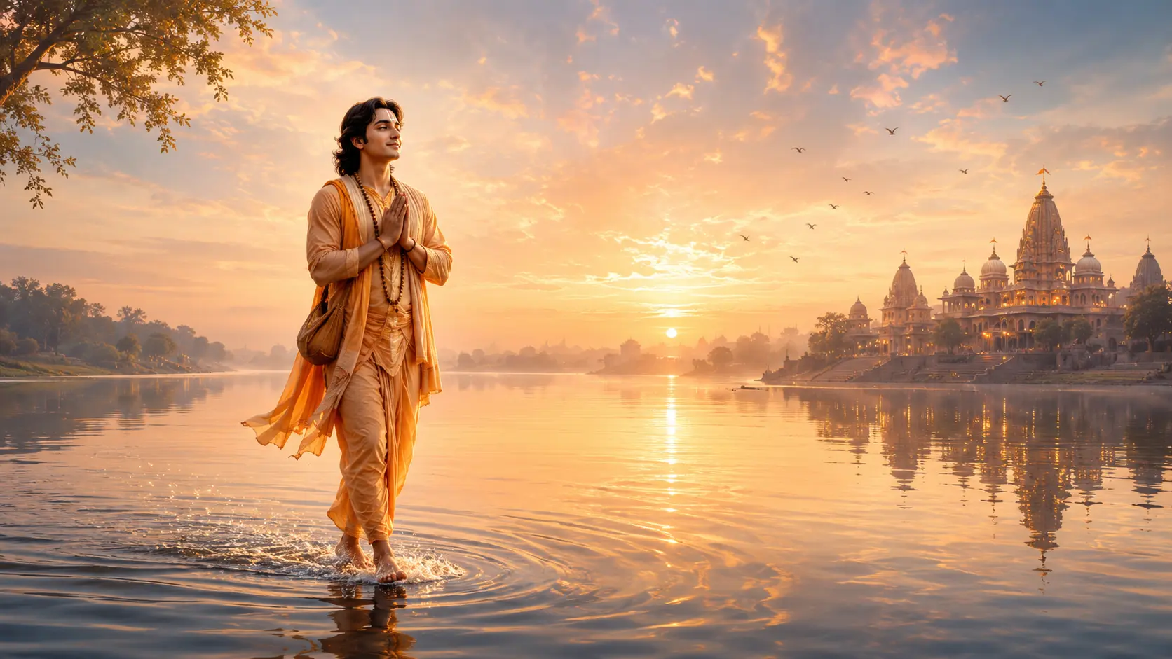 A serene disciple in saffron robes walks across the surface of a calm river at sunrise with hands folded in prayer, as a glowing temple stands in the distance under a golden sky.