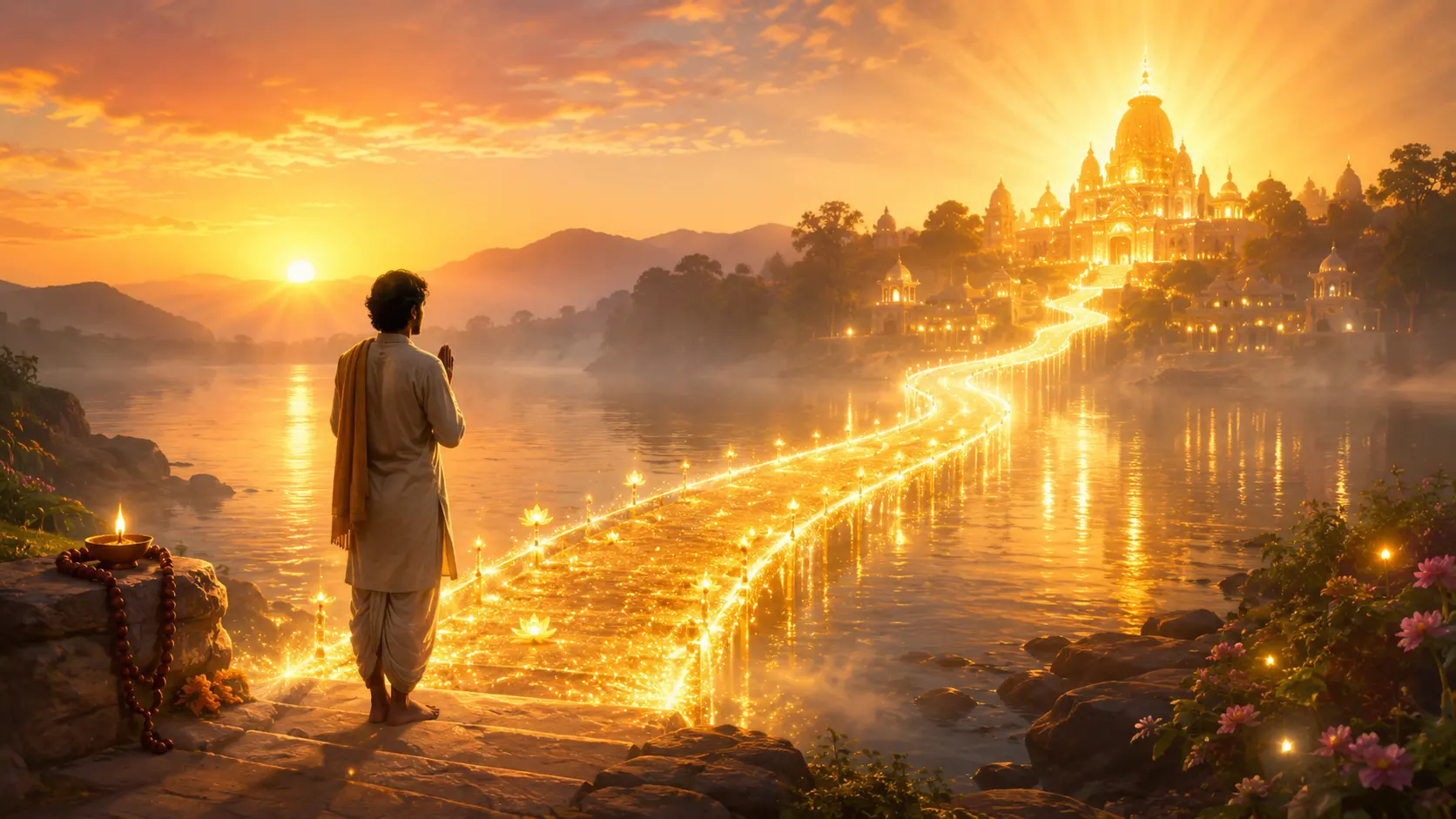 A spiritual seeker stands before a glowing golden bridge of light across a calm river at sunrise, leading toward a radiant temple in the distance.
