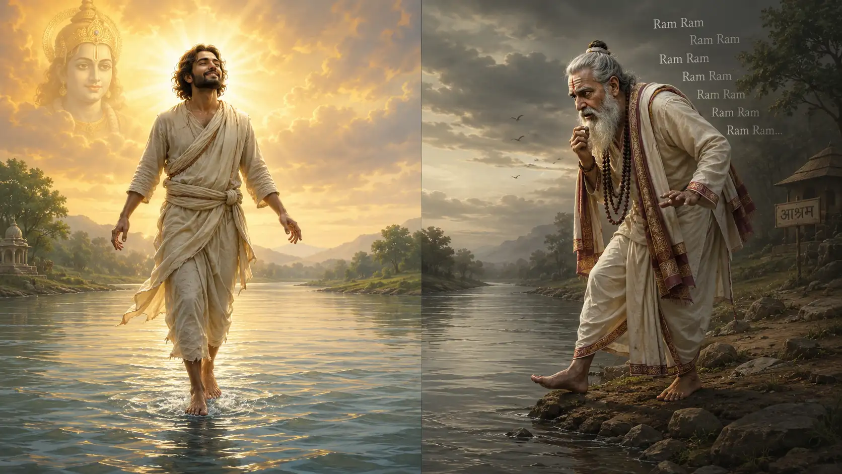 Split image of a disciple walking on water in faith and a guru hesitating at the riverbank in doubt.