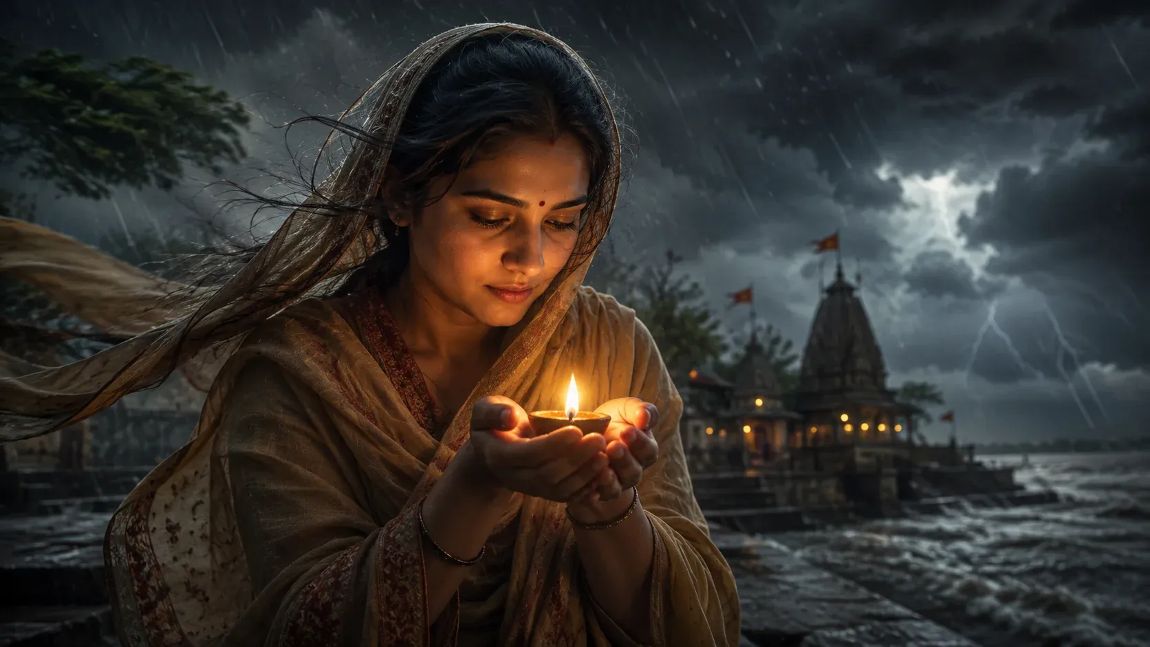 A woman devotee shields a glowing diya from wind and rain during a storm.