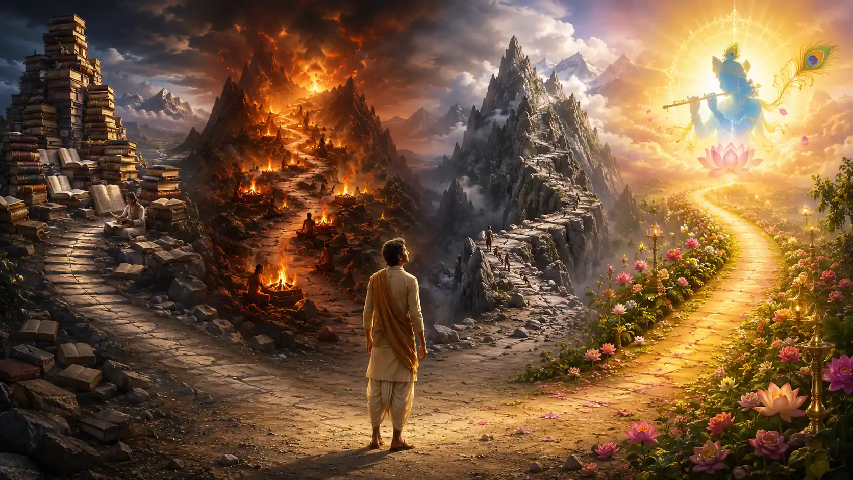 A seeker stands before many difficult paths, while a simple glowing path of devotion leads toward Krishna’s light.