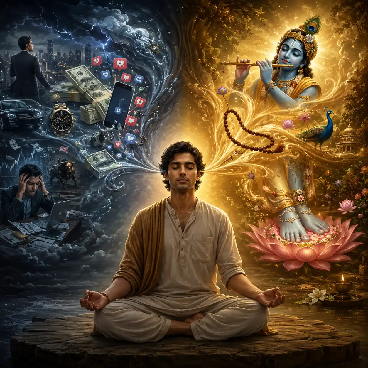 A meditating devotee is surrounded by worldly thoughts on one side and Krishna-centered thoughts on the other.