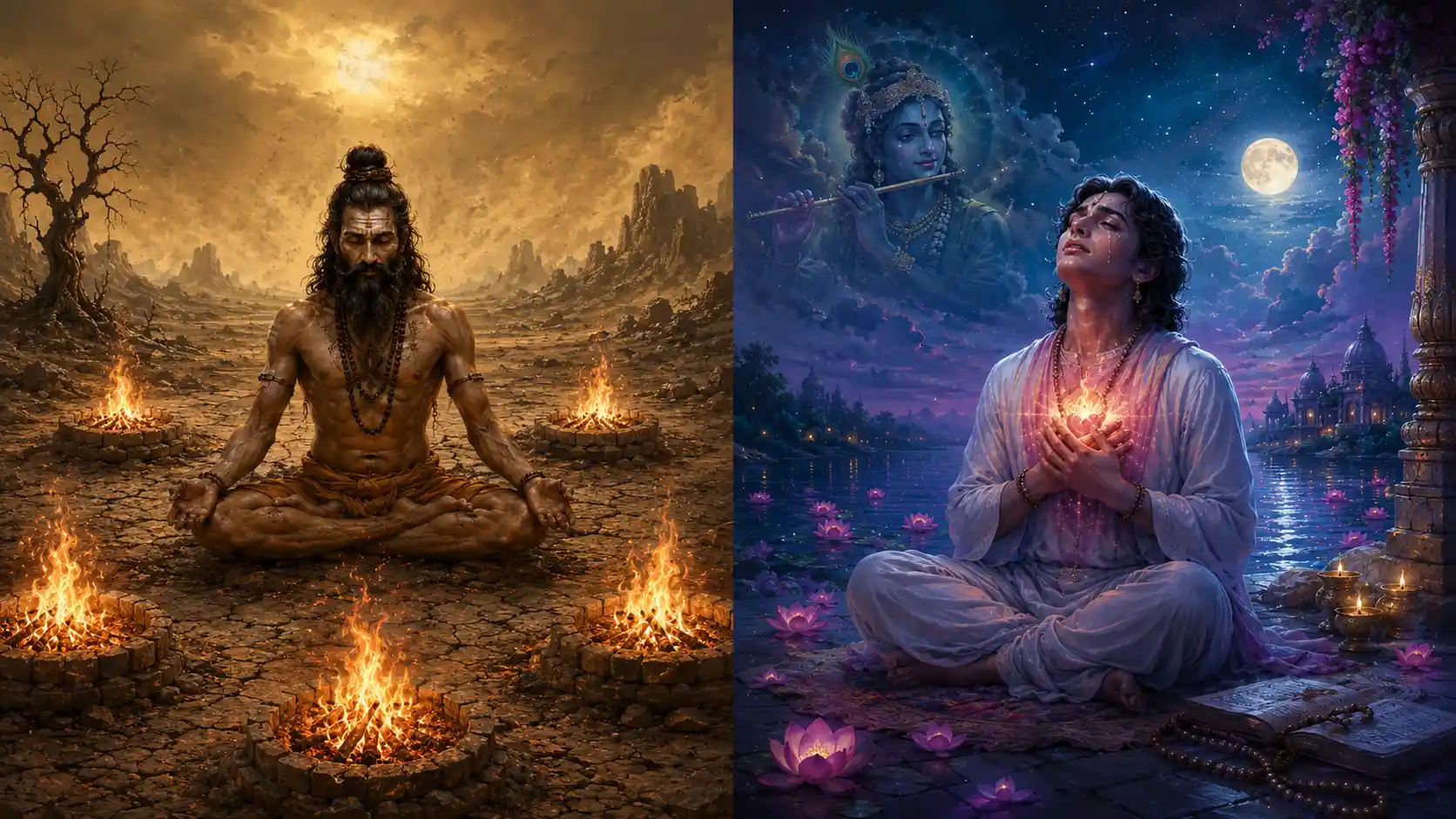 A split image contrasts a yogi sitting among fires with a devotee glowing with inner longing for Krishna.