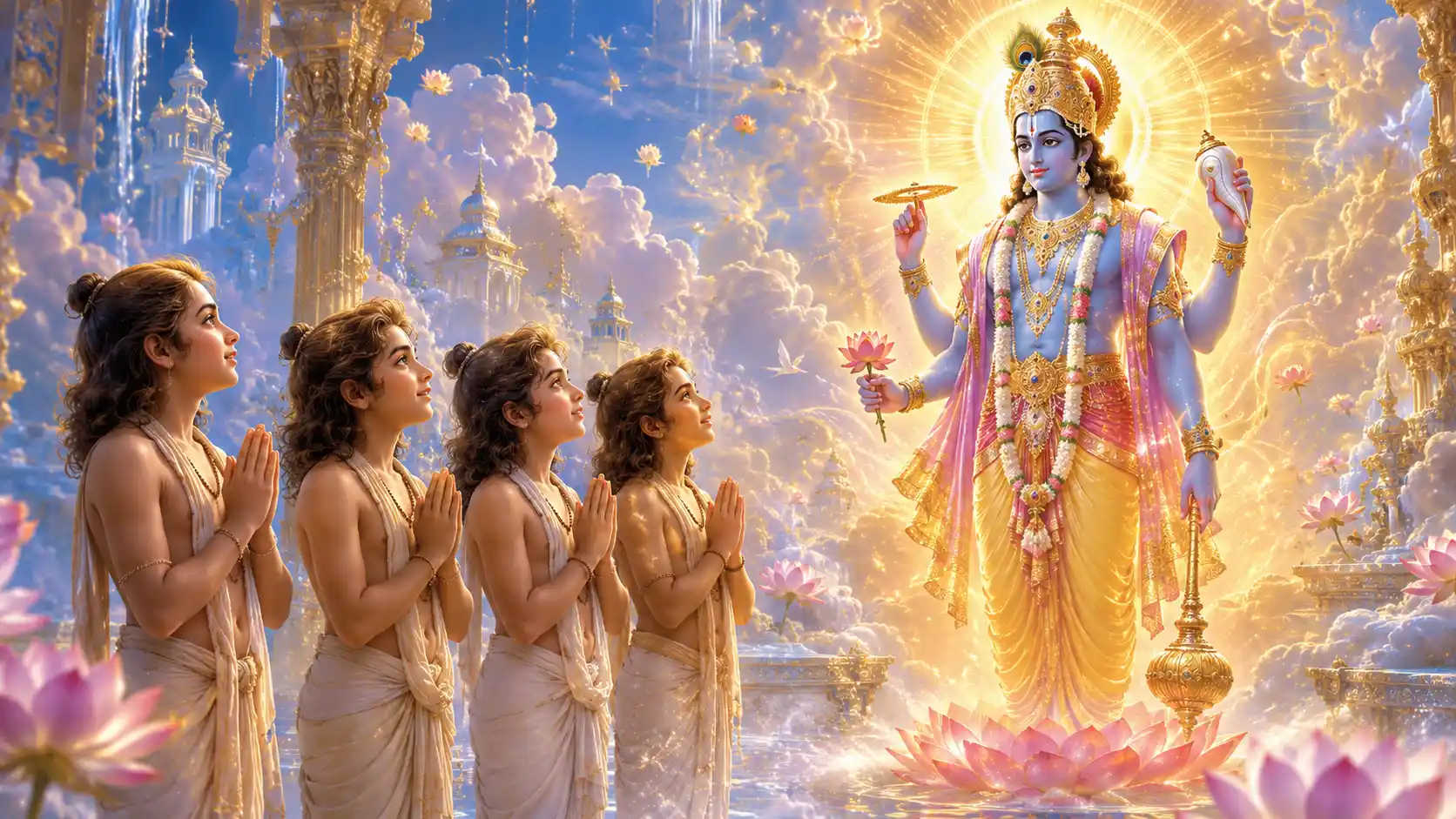 The four youthful sages, Sanaka, Sanandana, Sanatana, and Sanatkumara, stand with folded hands before a radiant vision of Lord Vishnu.
