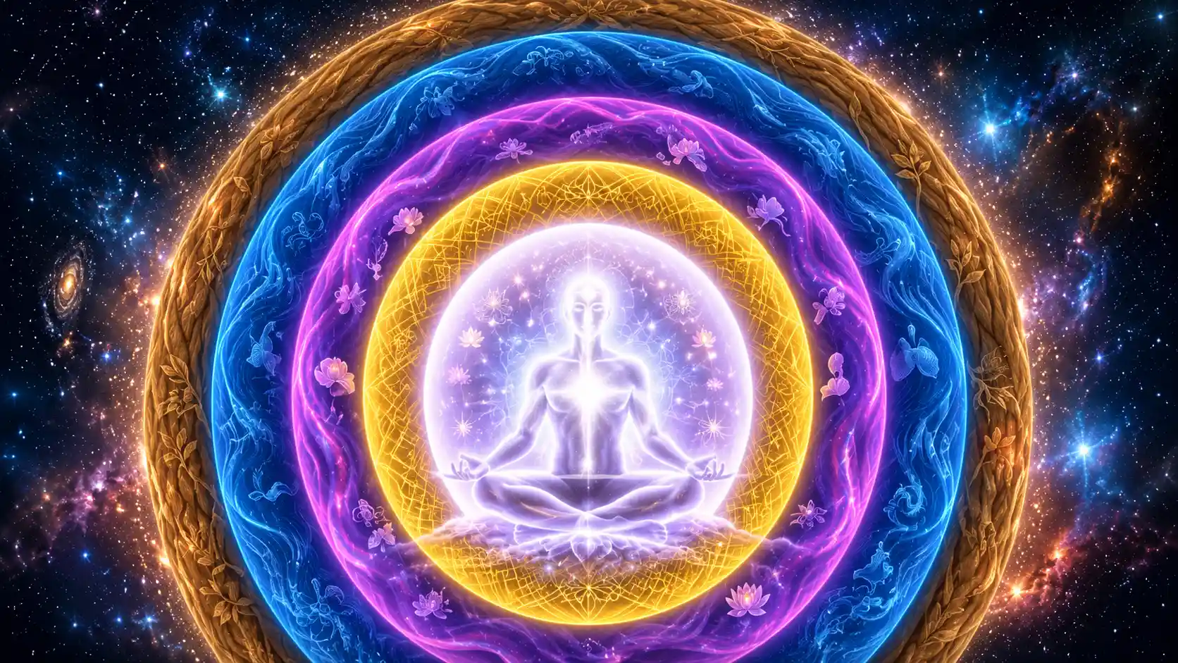 A glowing meditative figure sits at the center of colorful concentric energy layers in a cosmic space, symbolizing the five koshas.