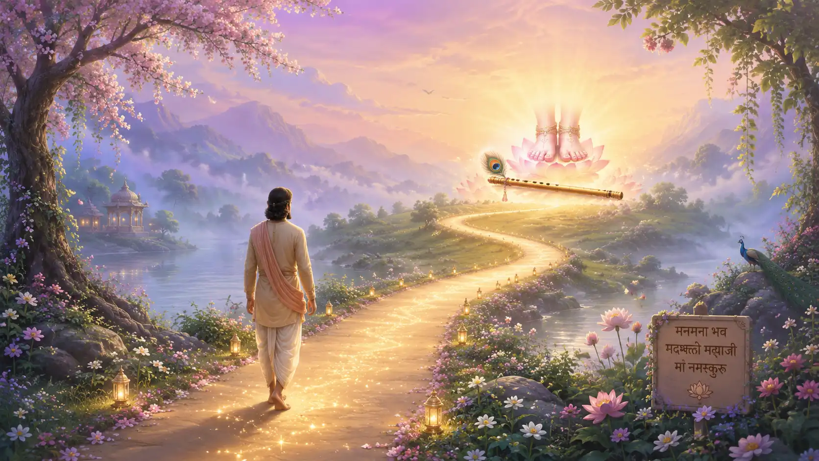 A devotee walks on a glowing flower-lined path toward Krishna’s flute and lotus feet in the distance.