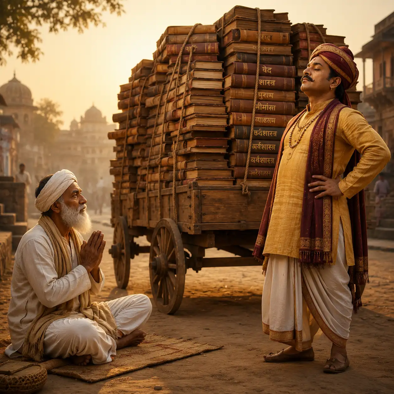 Sant Kabir sits humbly with folded hands before proud scholar Sarvajit and a cart full of books.