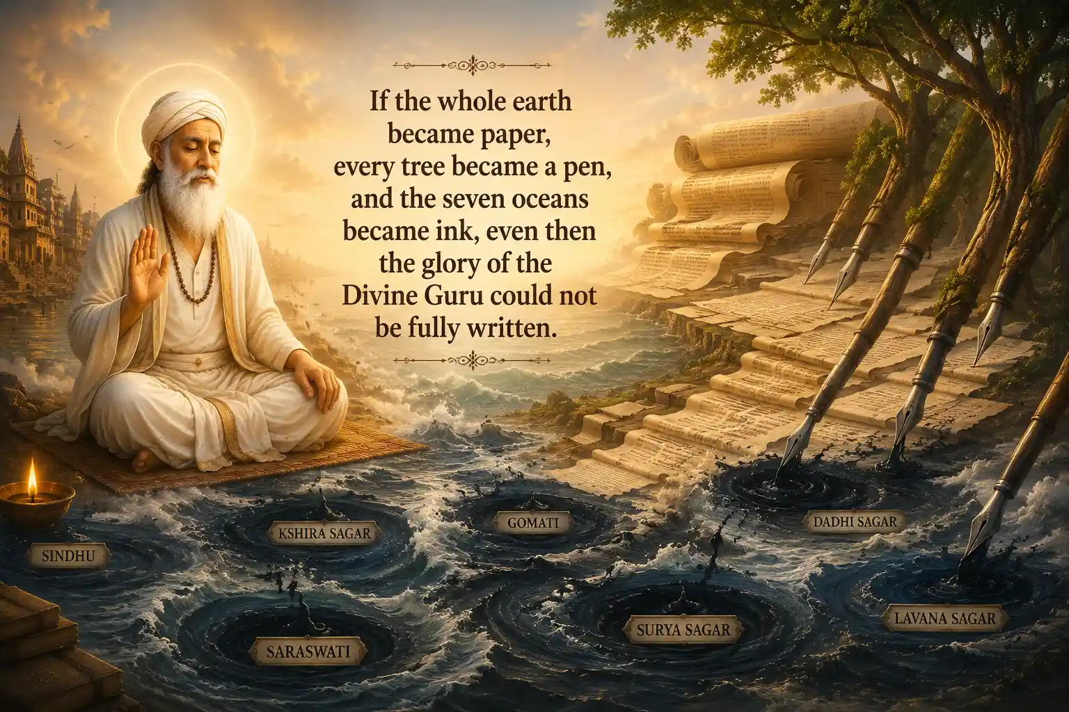 Spiritual illustration of Sant Kabir with oceans as ink, trees as pens, and endless scrolls symbolizing the infinite nature of the Divine Guru.