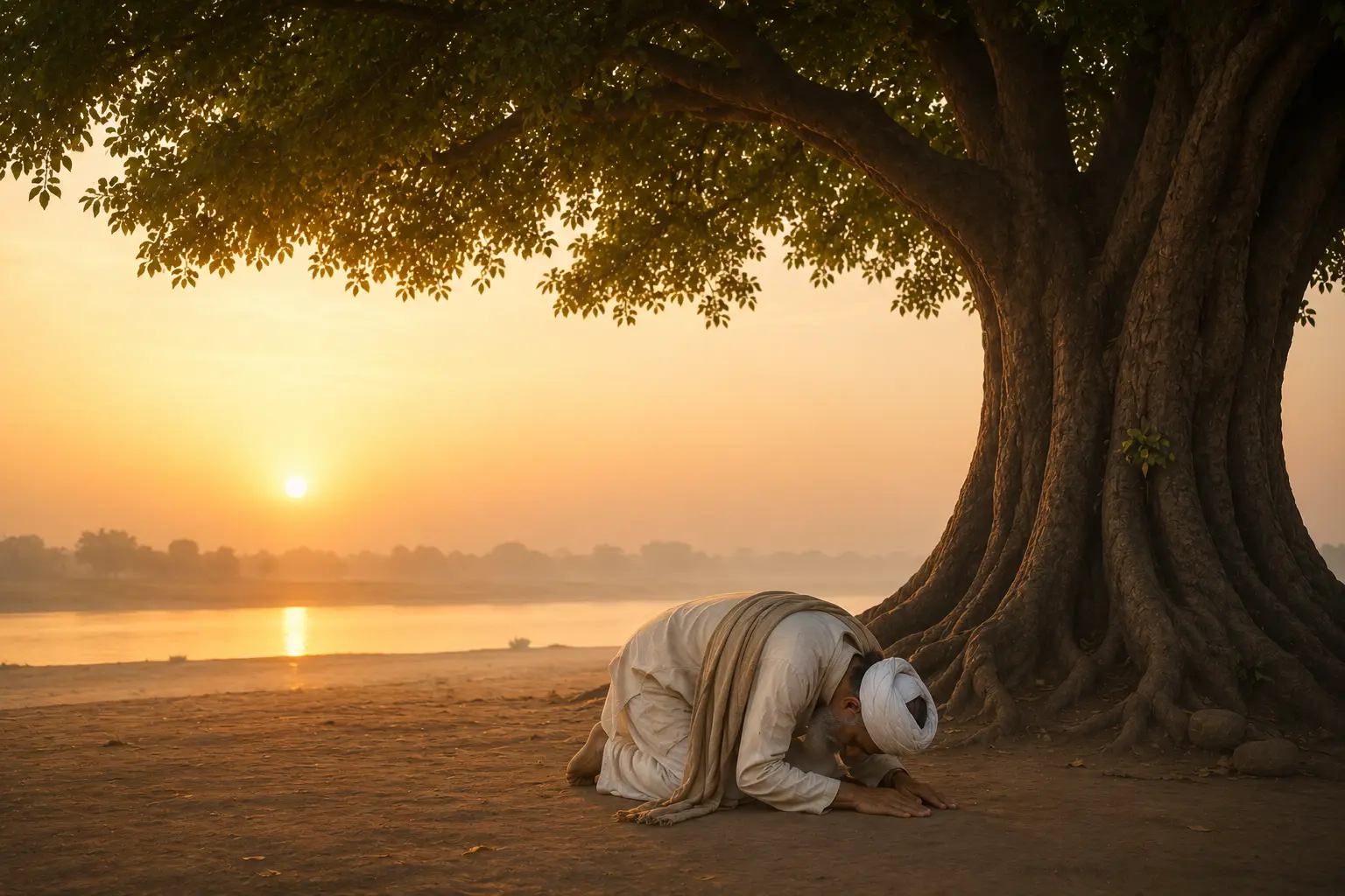 Saintly figure bowing under a large tree at sunrise near a peaceful river.