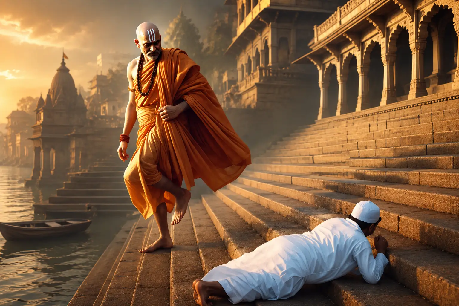 Sant Kabir lying on the Ganges steps as Guru Ramananda unknowingly steps over him at dawn in Kashi.
