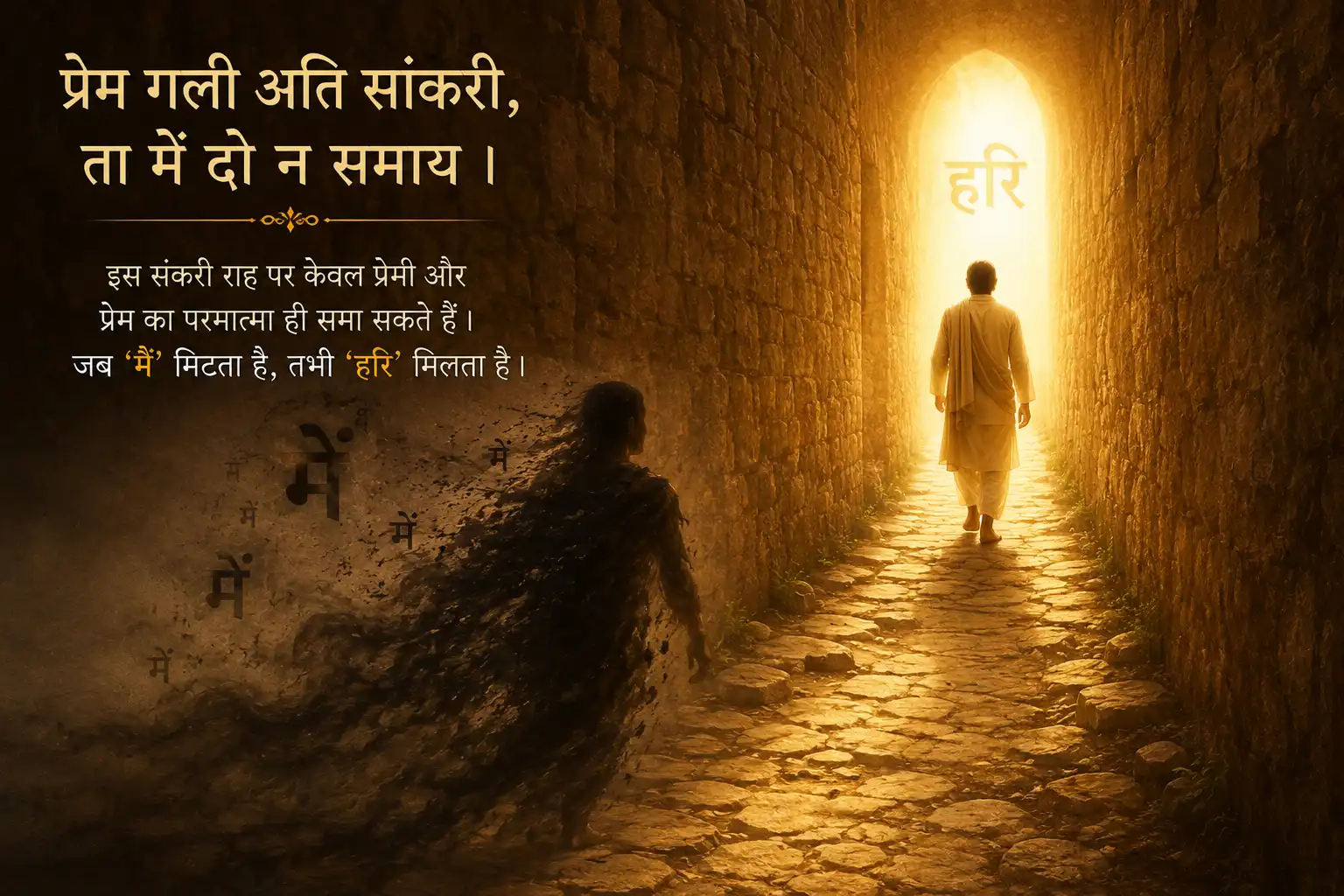 : Seeker walking on a narrow glowing path toward divine light while ego fades into shadows.