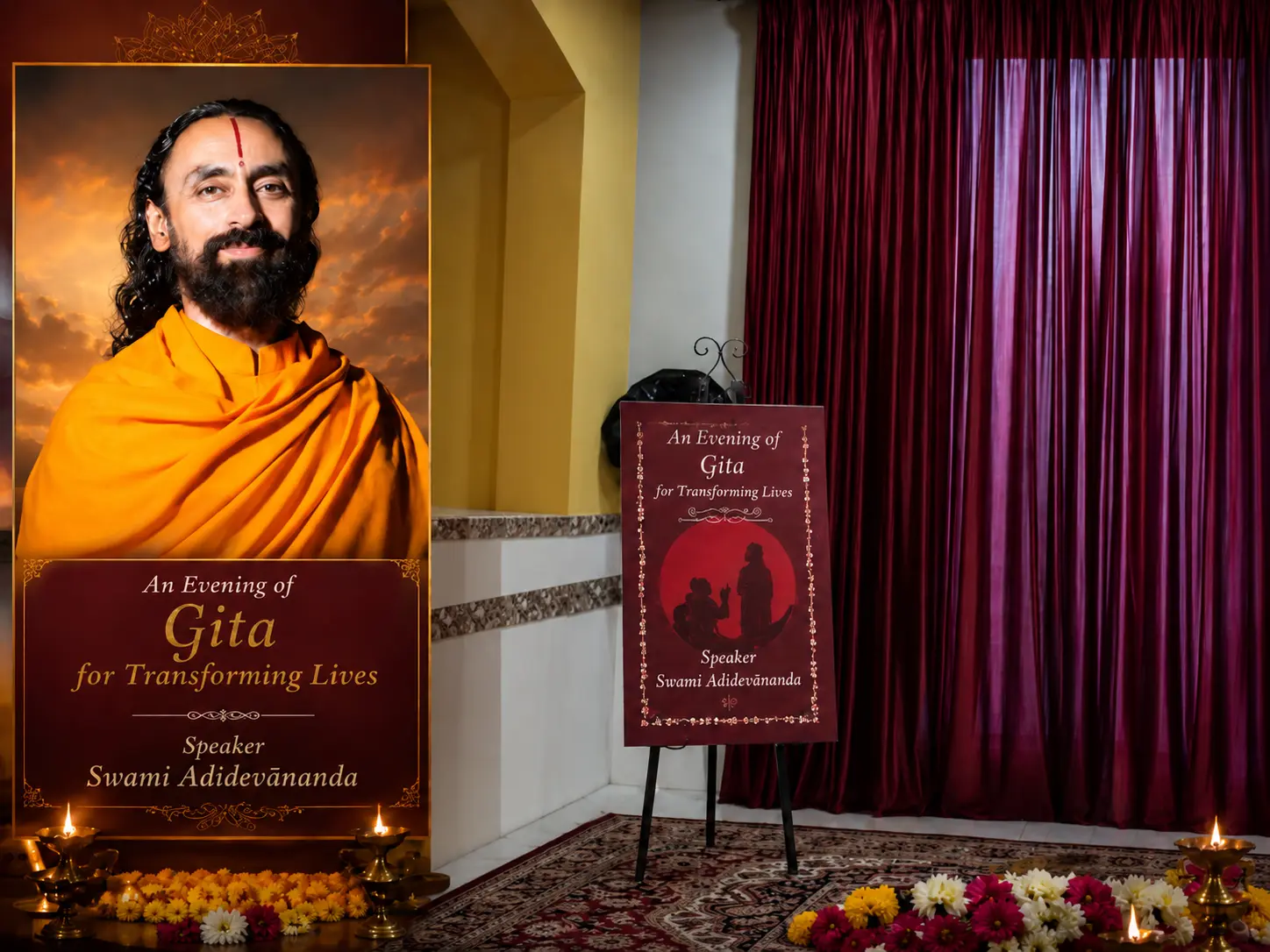 Event stage with Swami Mukundananda’s Bhagavad Gita program posters, red curtains, flowers, and lamps arranged for a spiritual discourse.