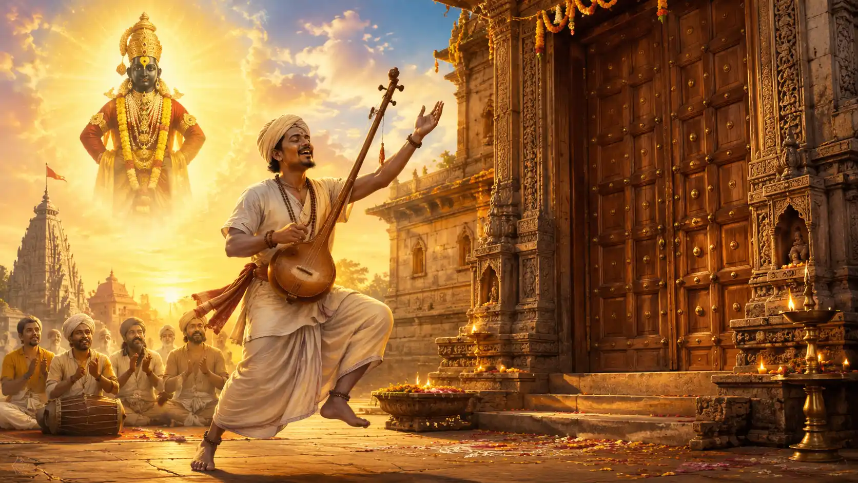 Saint Chokhamela joyfully singing bhajans and dancing outside the closed doors of a grand temple, expressing pure devotion to Lord Vitthal.