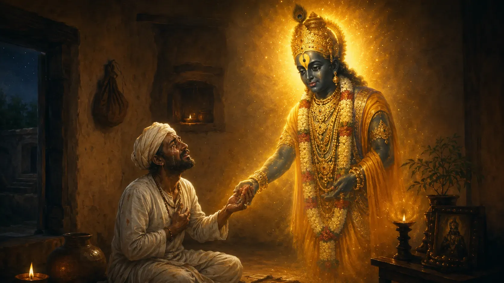 A radiant Lord Pandurang appears inside Chokhamela’s dimly lit home at night, gently reaching out to hold the hand of the tearful devotee.