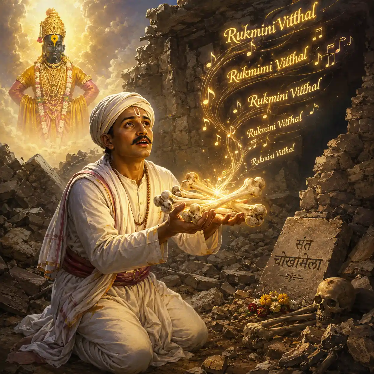 A mystical square illustration of Saint Namdev holding Chokhamela’s bones among the ruins of a collapsed wall, while glowing musical notes and the chant “Rukmini Vitthal” emanate upward.