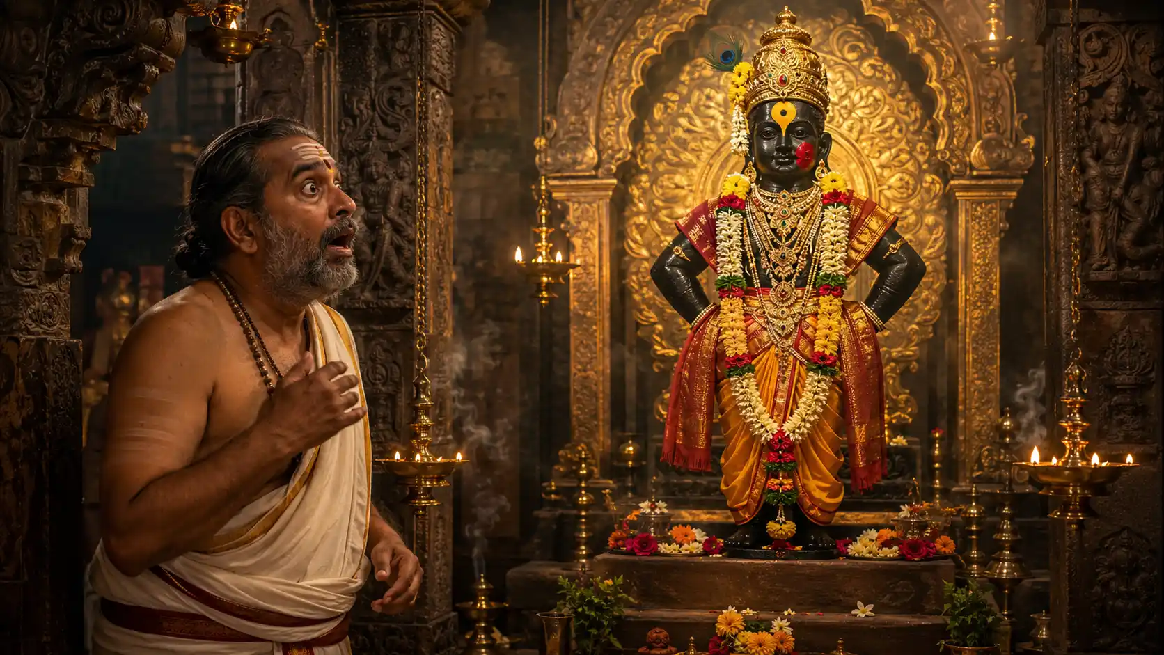 Lord Vitthal stands inside a richly decorated temple sanctum with a red mark on His cheek, while a stunned priest looks on in shock and awe.