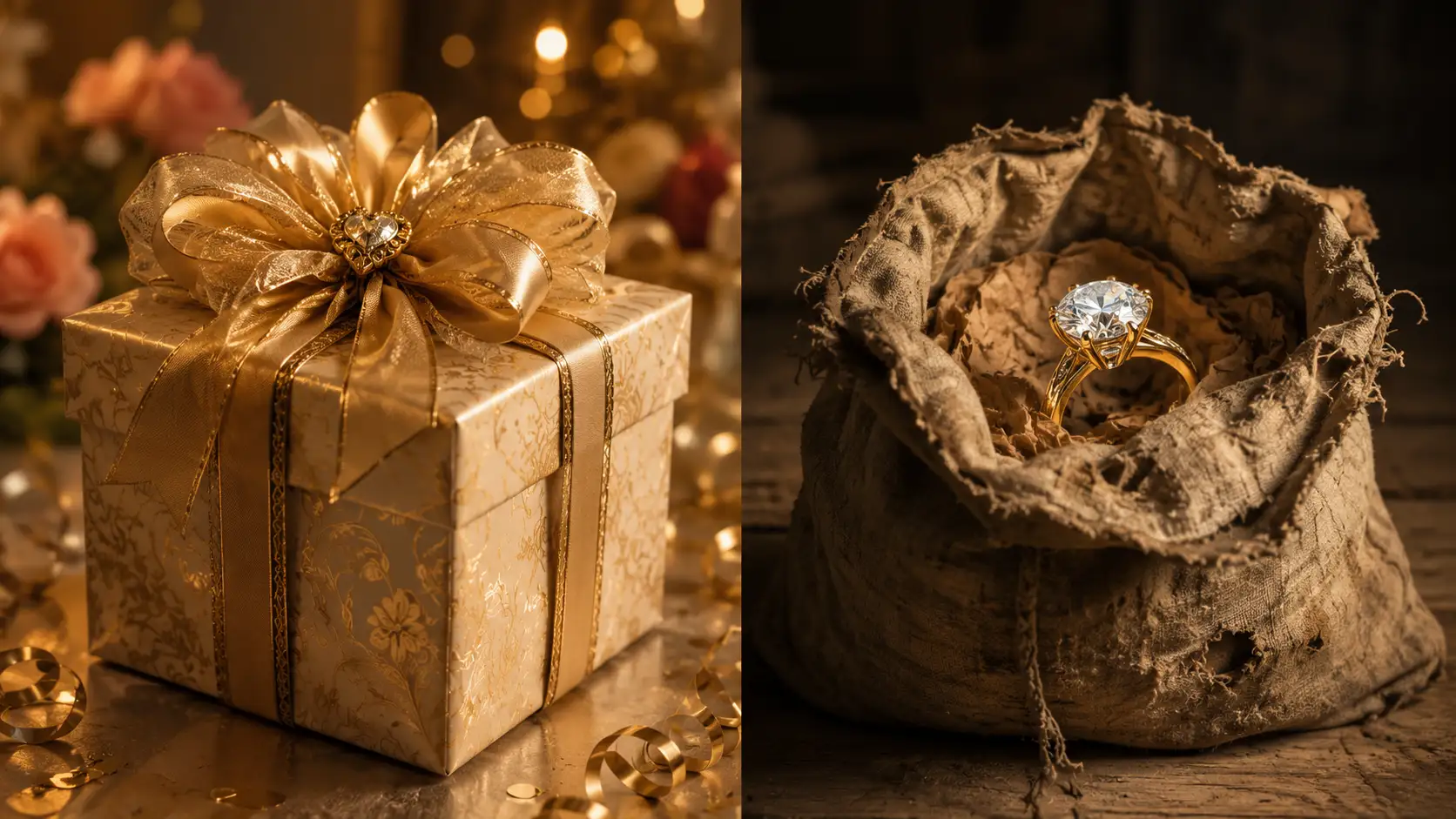 Beautiful gift and torn bag with diamond ring symbolizing spiritual knowledge and faith in God.